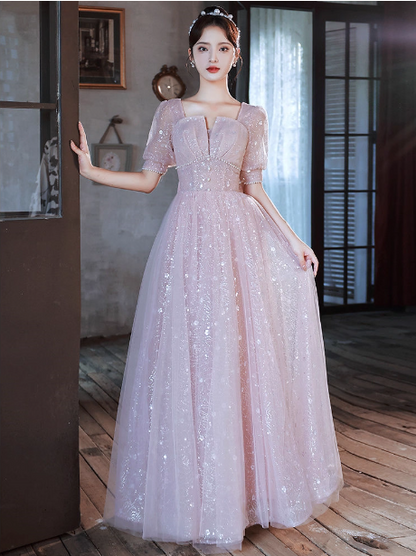 Princess Pink A-line Square Neck Puff Short Sleeve Bow Tulle Long Prom Dress Evening Dress P4456