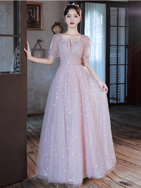 Princess Pink A-line Square Neck Puff Short Sleeve Bow Tulle Long Prom Dress Evening Dress P4456