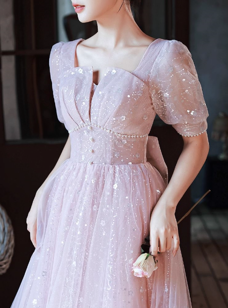 Princess Pink A-line Square Neck Puff Short Sleeve Bow Tulle Long Prom Dress Evening Dress P4456