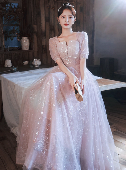 Princess Pink A-line Square Neck Puff Short Sleeve Bow Tulle Long Prom Dress Evening Dress P4456