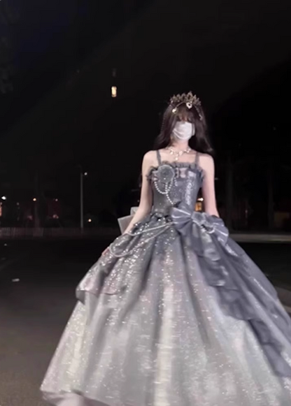 Gothic Sweet & Cool Silver Gray Spaghetti Strap 3D Floral Bow Sequined Satin Prom Dress Evening Dress P4457