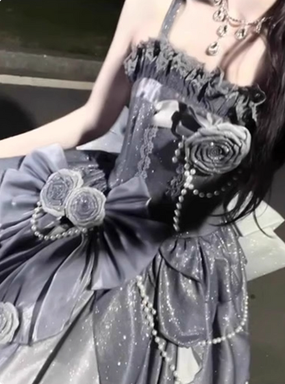 Gothic Sweet & Cool Silver Gray Spaghetti Strap 3D Floral Bow Sequined Satin Prom Dress Evening Dress P4457