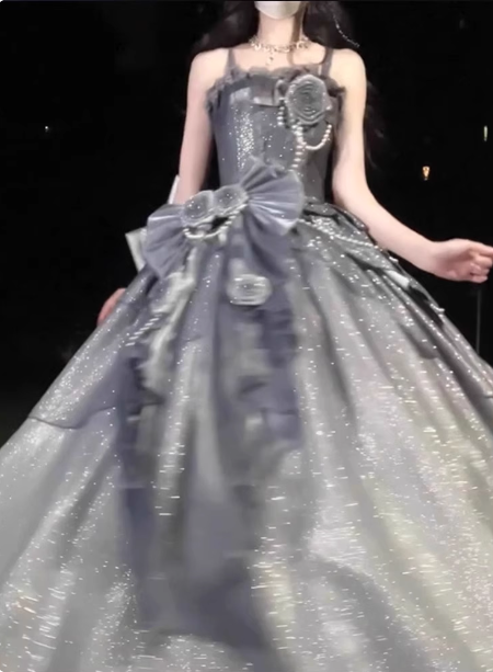 Gothic Sweet & Cool Silver Gray Spaghetti Strap 3D Floral Bow Sequined Satin Prom Dress Evening Dress P4457