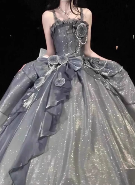 Gothic Sweet & Cool Silver Gray Spaghetti Strap 3D Floral Bow Sequined Satin Prom Dress Evening Dress P4457