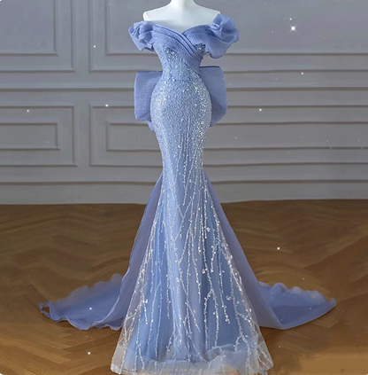 Elegant Dreamy Blue Mermaid Off-the-shoulder Bow Sequined Tulle Train Prom Dress Evening Dress P4458
