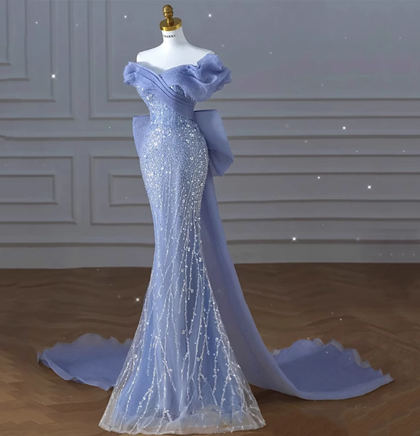 Elegant Dreamy Blue Mermaid Off-the-shoulder Bow Sequined Tulle Train Prom Dress Evening Dress P4458