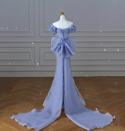 Elegant Dreamy Blue Mermaid Off-the-shoulder Bow Sequined Tulle Train Prom Dress Evening Dress P4458