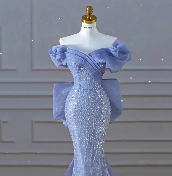 Elegant Dreamy Blue Mermaid Off-the-shoulder Bow Sequined Tulle Train Prom Dress Evening Dress P4458