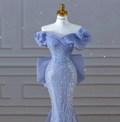 Elegant Dreamy Blue Mermaid Off-the-shoulder Bow Sequined Tulle Train Prom Dress Evening Dress P4458