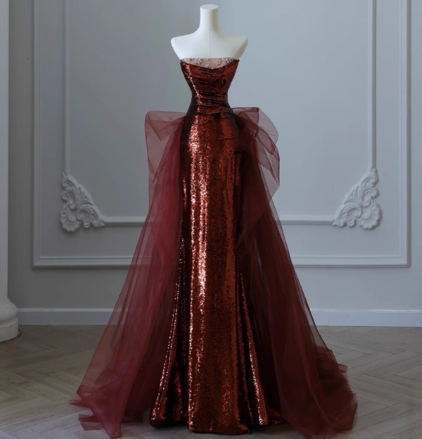 Vintage Burgundy Mermaid Strapless Tulle Sequined Train Prom Dress Evening Dress P4459