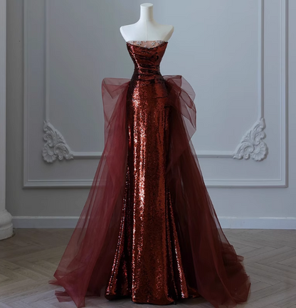 Vintage Burgundy Mermaid Strapless Tulle Sequined Train Prom Dress Evening Dress P4459