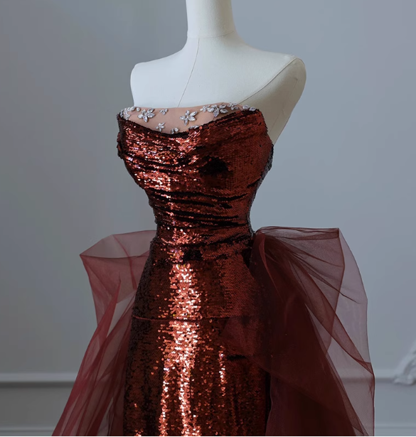 Vintage Burgundy Mermaid Strapless Tulle Sequined Train Prom Dress Evening Dress P4459
