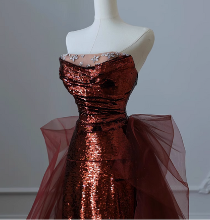Vintage Burgundy Mermaid Strapless Tulle Sequined Train Prom Dress Evening Dress P4459