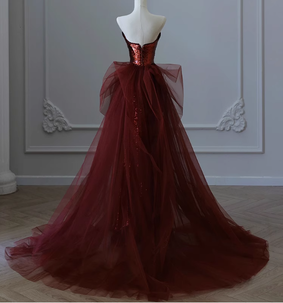 Vintage Burgundy Mermaid Strapless Tulle Sequined Train Prom Dress Evening Dress P4459
