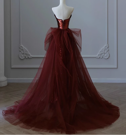 Vintage Burgundy Mermaid Strapless Tulle Sequined Train Prom Dress Evening Dress P4459