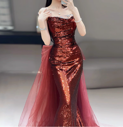 Vintage Burgundy Mermaid Strapless Tulle Sequined Train Prom Dress Evening Dress P4459