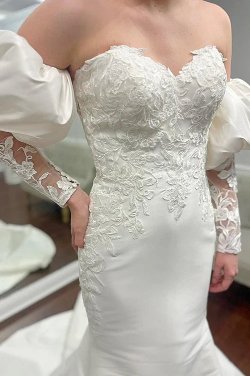 omberprom Appliques Off-the-Shoulder Mermaid Wedding Dress with Detached Sleeves