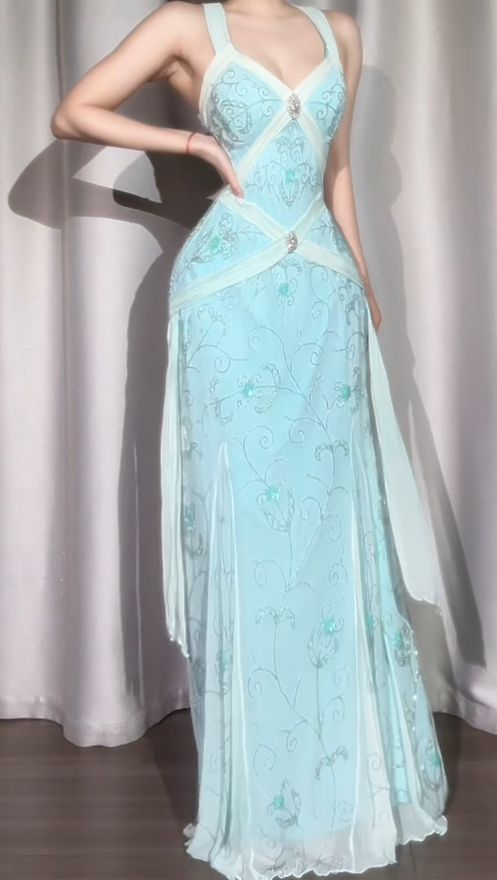 Classy Light Blue V Neck Chiffon Beaded Mermaid Long Party Dress Backless Evening Gown