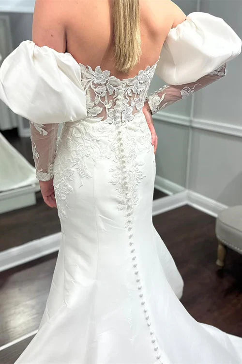 omberprom Appliques Off-the-Shoulder Mermaid Wedding Dress with Detached Sleeves