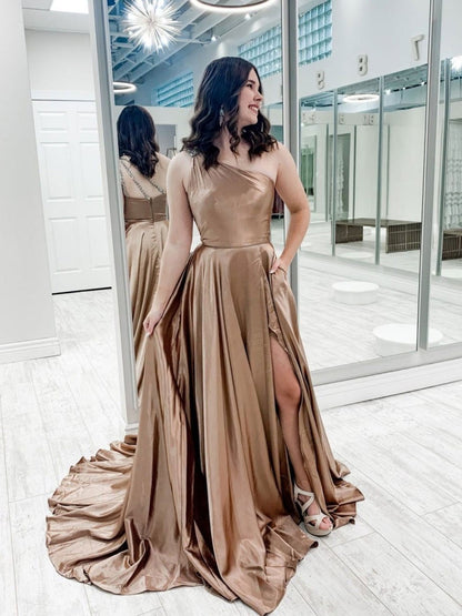 Simple one shoulder satin long prom dress, champagne evening dress