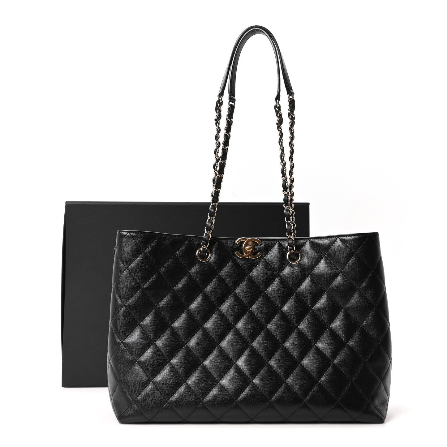 Caviar Quilted Small Shopping Tote Black