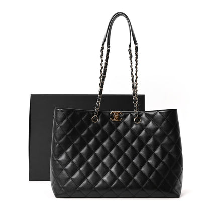 Caviar Quilted Small Shopping Tote Black