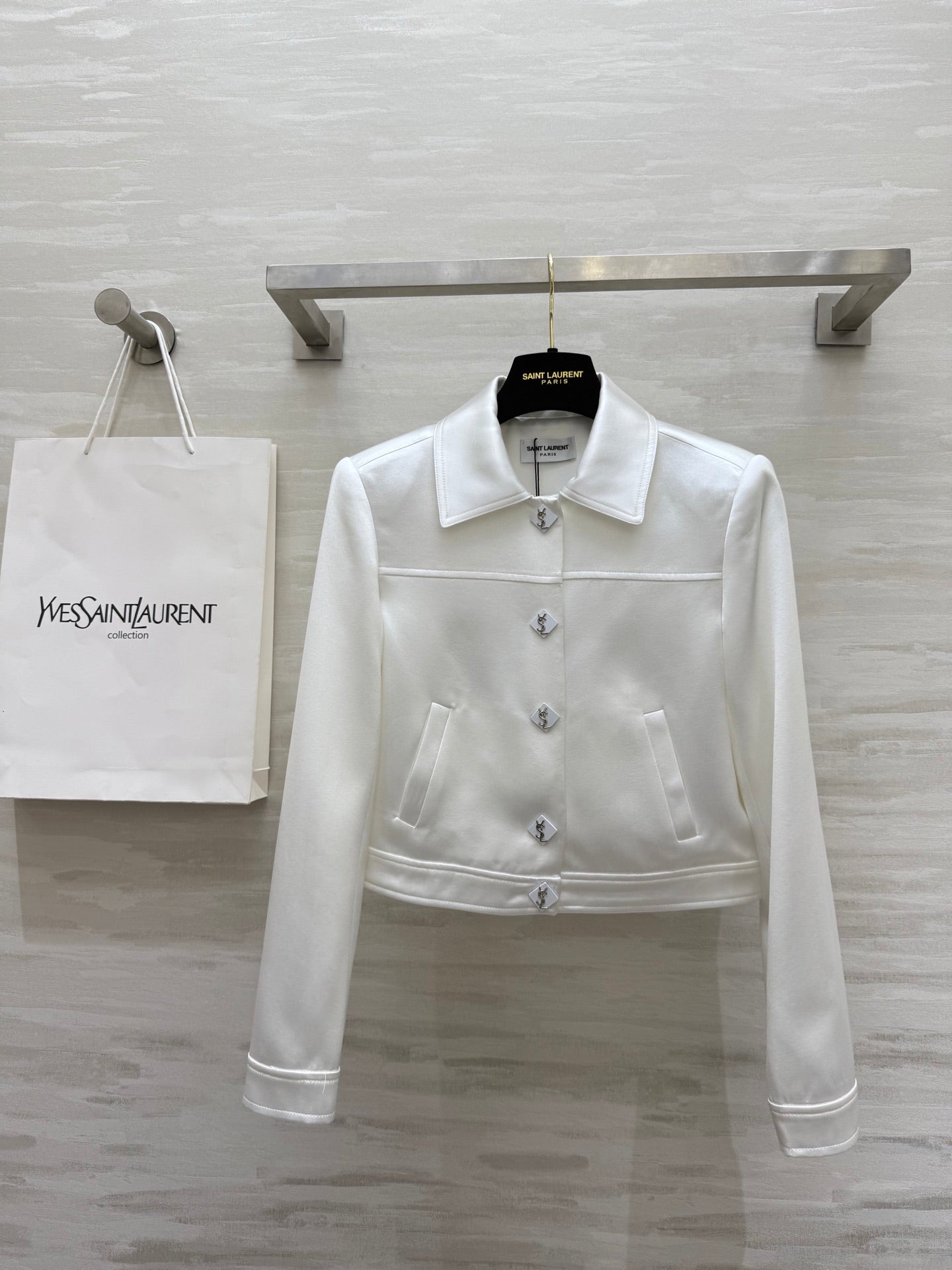 YSL 25 Short Jacket White Acetic Acid Cracked Fabric