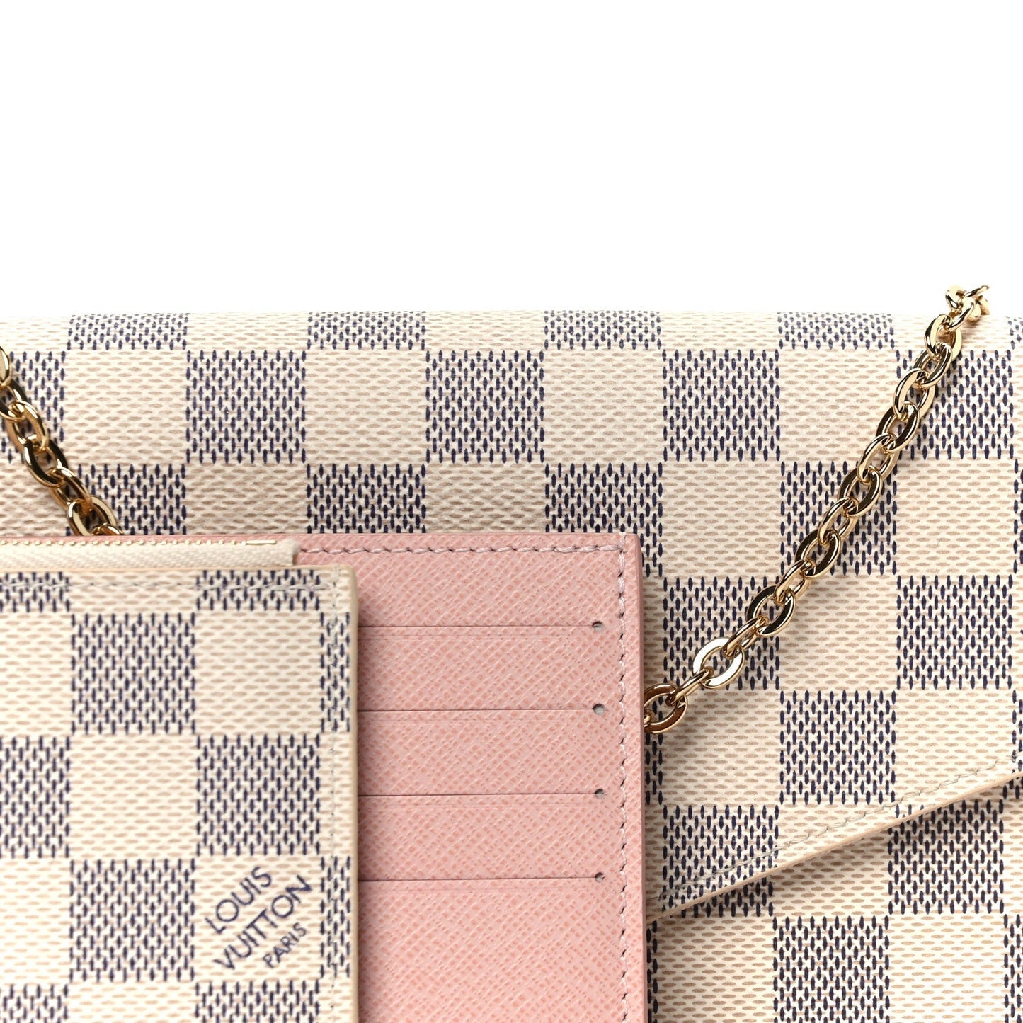 Damier Azur Pochette Felicie Chain Wallet Rose Ballerine