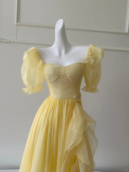 Sweet Yellow A-line Square Neck Puff Sleeve Lace Tulle Long Prom Dress P4046