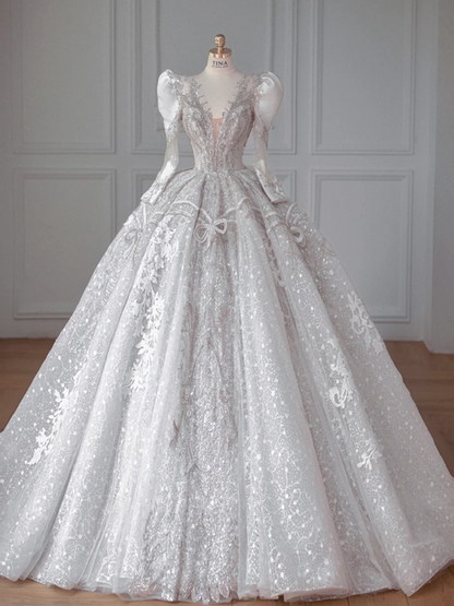 Silver Classic Sequined Fitted Waist Puffy Skirt Bridal Dress R6010