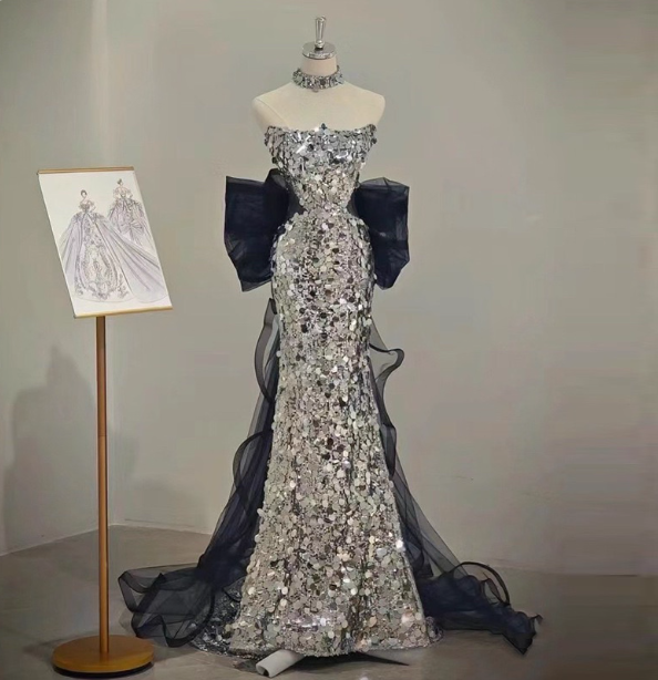 Gorgeous Silver Mermaid Strapless Bow Sequined Train Prom Dress Evening Dress P4460