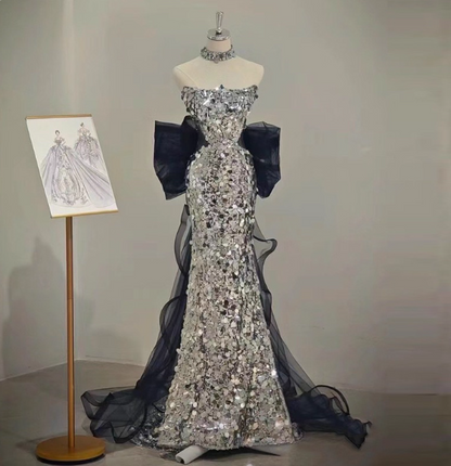 Gorgeous Silver Mermaid Strapless Bow Sequined Train Prom Dress Evening Dress P4460