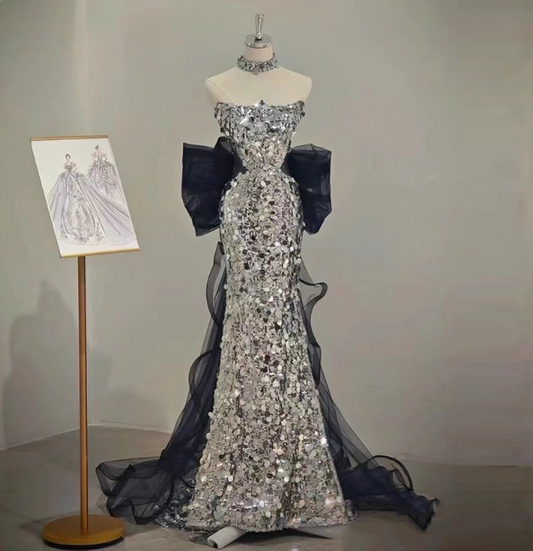 Gorgeous Silver Mermaid Strapless Bow Sequined Train Prom Dress Evening Dress P4460