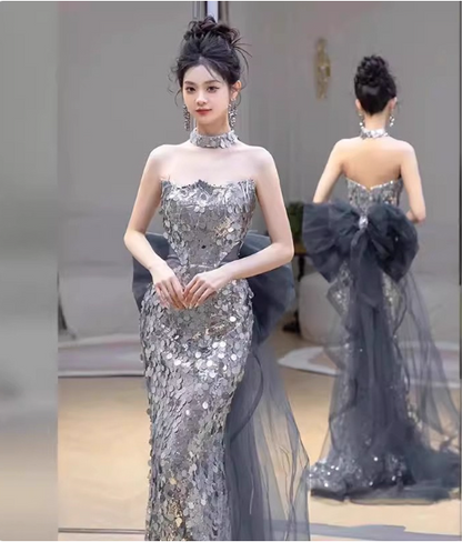 Gorgeous Silver Mermaid Strapless Bow Sequined Train Prom Dress Evening Dress P4460