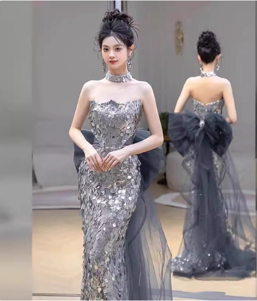 Gorgeous Silver Mermaid Strapless Bow Sequined Train Prom Dress Evening Dress P4460