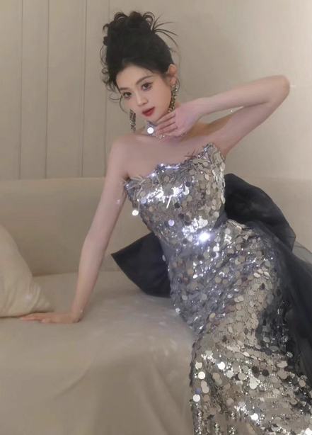Gorgeous Silver Mermaid Strapless Bow Sequined Train Prom Dress Evening Dress P4460