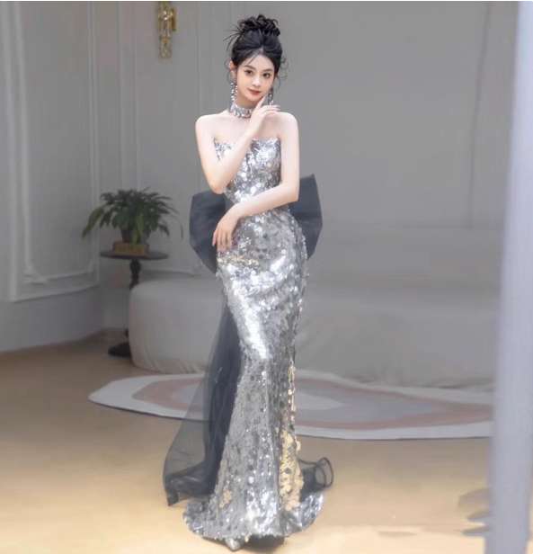Gorgeous Silver Mermaid Strapless Bow Sequined Train Prom Dress Evening Dress P4460