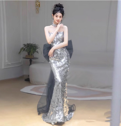 Gorgeous Silver Mermaid Strapless Bow Sequined Train Prom Dress Evening Dress P4460