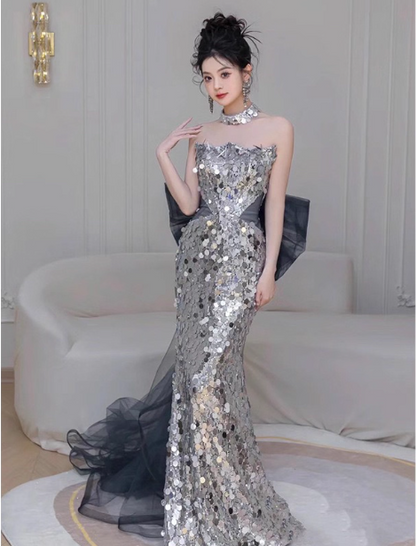 Gorgeous Silver Mermaid Strapless Bow Sequined Train Prom Dress Evening Dress P4460