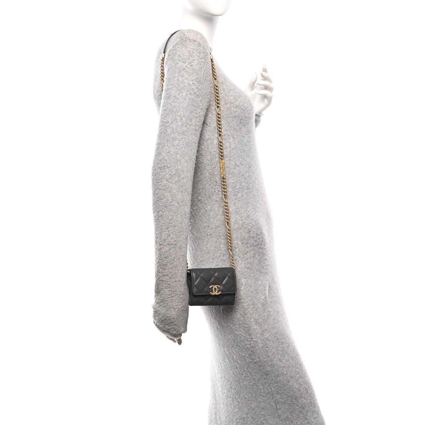 Caviar Quilted Bracelet On Chain Clutch Grey