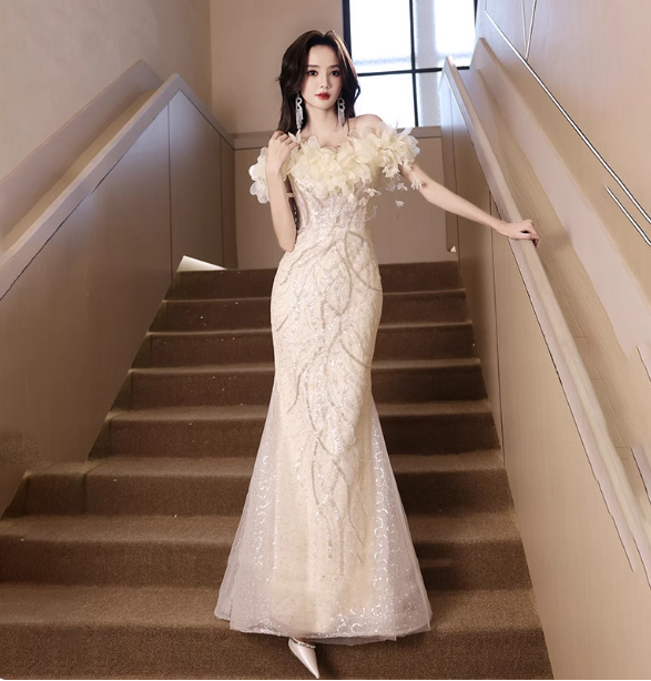 Elegant Off-white Mermaid Off-the-shoulder 3D Floral Sequined Sheer Tulle Long Prom Dress Evening Dress P4462