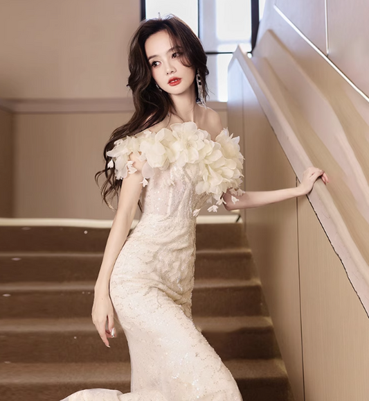 Elegant Off-white Mermaid Off-the-shoulder 3D Floral Sequined Sheer Tulle Long Prom Dress Evening Dress P4462