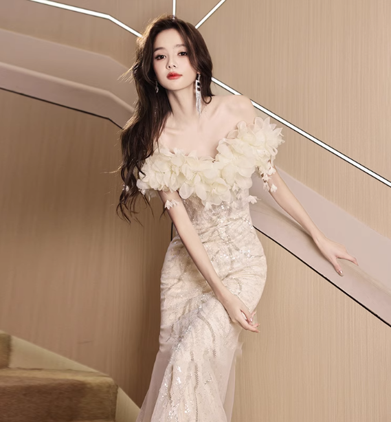 Elegant Off-white Mermaid Off-the-shoulder 3D Floral Sequined Sheer Tulle Long Prom Dress Evening Dress P4462