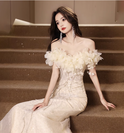 Elegant Off-white Mermaid Off-the-shoulder 3D Floral Sequined Sheer Tulle Long Prom Dress Evening Dress P4462