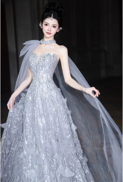 Gorgeous Silver Gray A-line Strapless Sequined Train  Prom Dress Evening Dress P4463