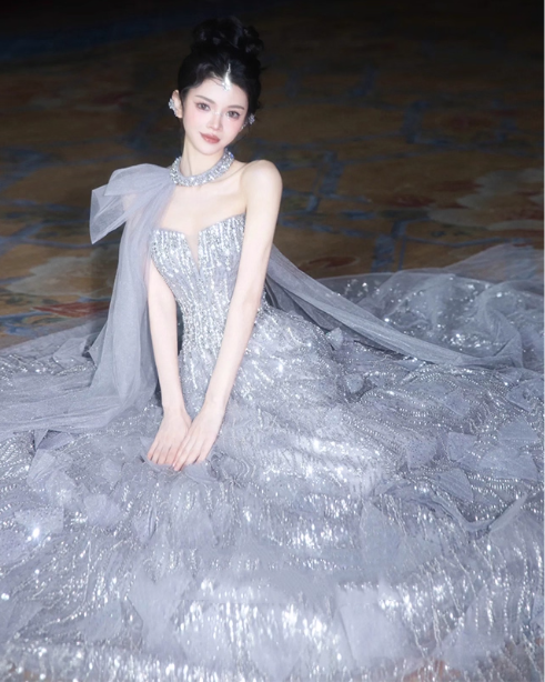 Gorgeous Silver Gray A-line Strapless Sequined Train  Prom Dress Evening Dress P4463