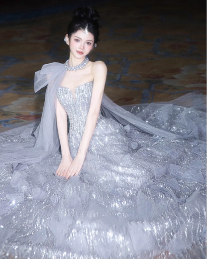 Gorgeous Silver Gray A-line Strapless Sequined Train  Prom Dress Evening Dress P4463