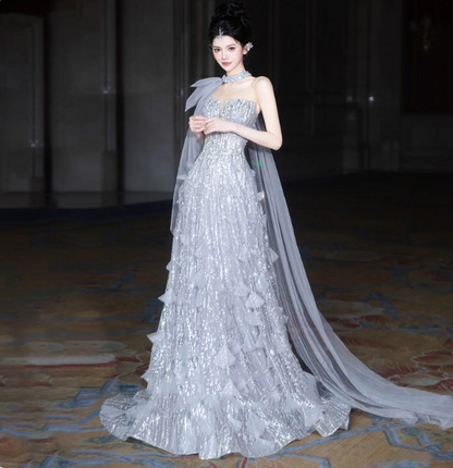 Gorgeous Silver Gray A-line Strapless Sequined Train  Prom Dress Evening Dress P4463