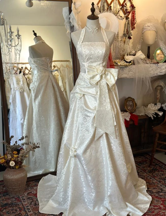 Glamorous A-Line Halter Neck Oversized Bow Brocade Wedding Dress Floral Bridal Gown TP5088