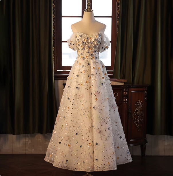 Dreamy White A-line Off-the-shoulder 3D Floral Sequined Tulle Long Prom Dress Evening Dress P4464